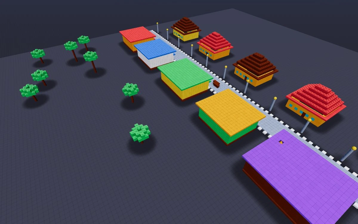 A colorful shared voxel town in BlockParty.