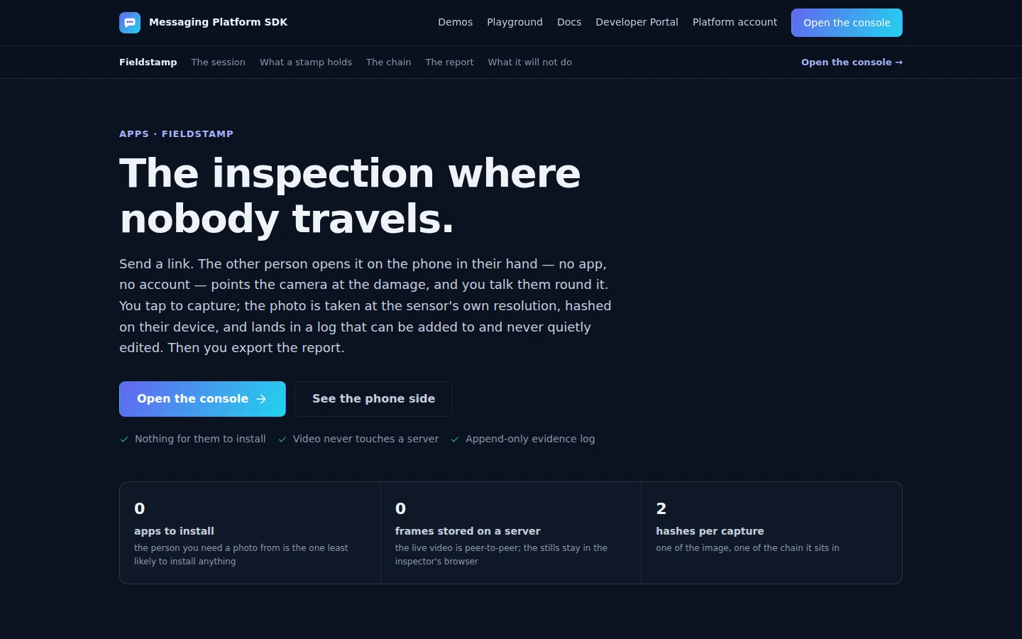 Fieldstamp feature page describing a remote inspection and its evidence log.