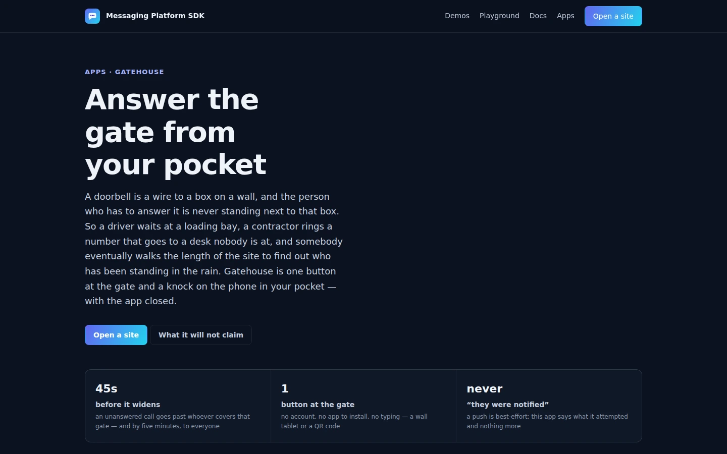 Gatehouse feature page describing a gate button that knocks a phone in a pocket and widens to the rota if nobody goes.