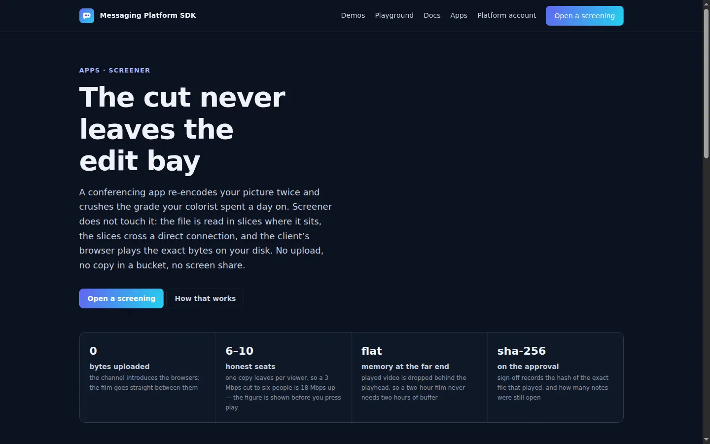 Screener feature page describing a cut streamed from an edit bay to client seats.