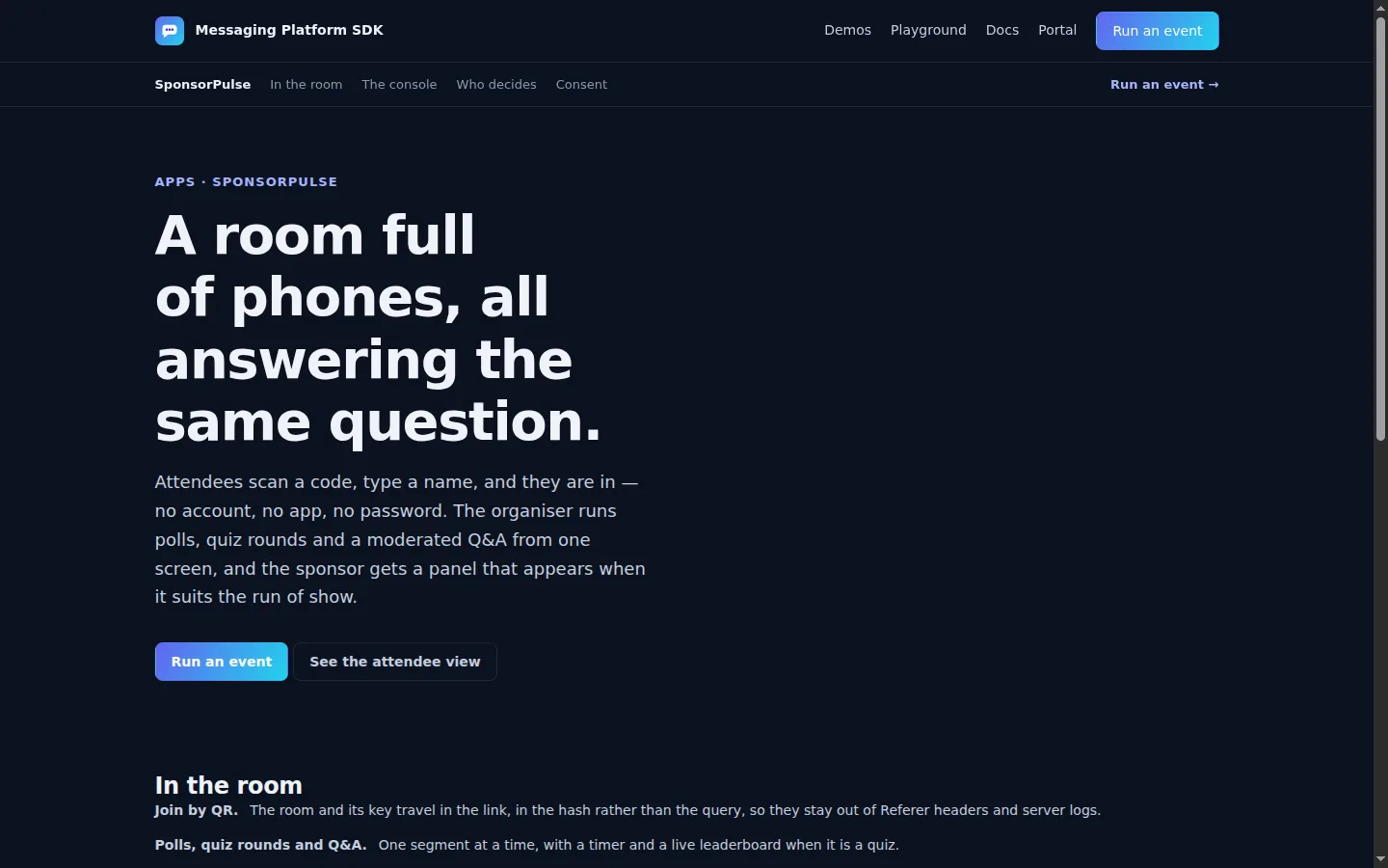 SponsorPulse feature page describing branded polls, a quiz and moderated questions.