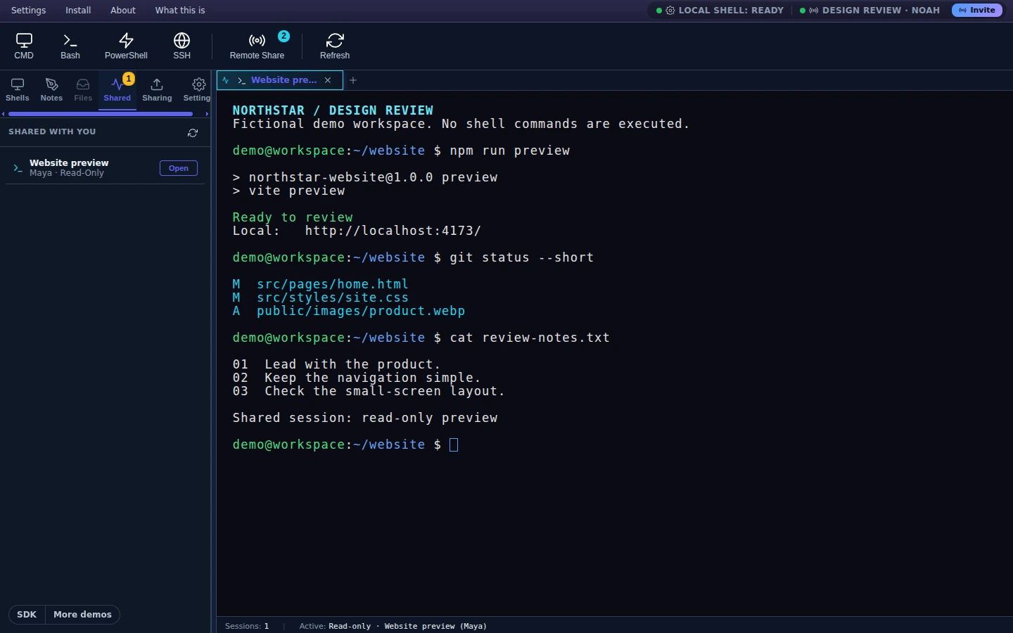 Shared terminal with harmless sample commands and collaboration controls.