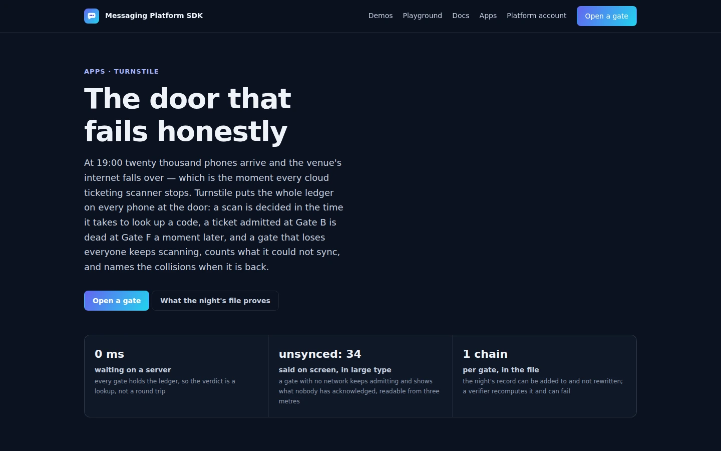 Turnstile feature page describing a scanner on any phone that keeps admitting when the network dies and names the collisions it could not catch.