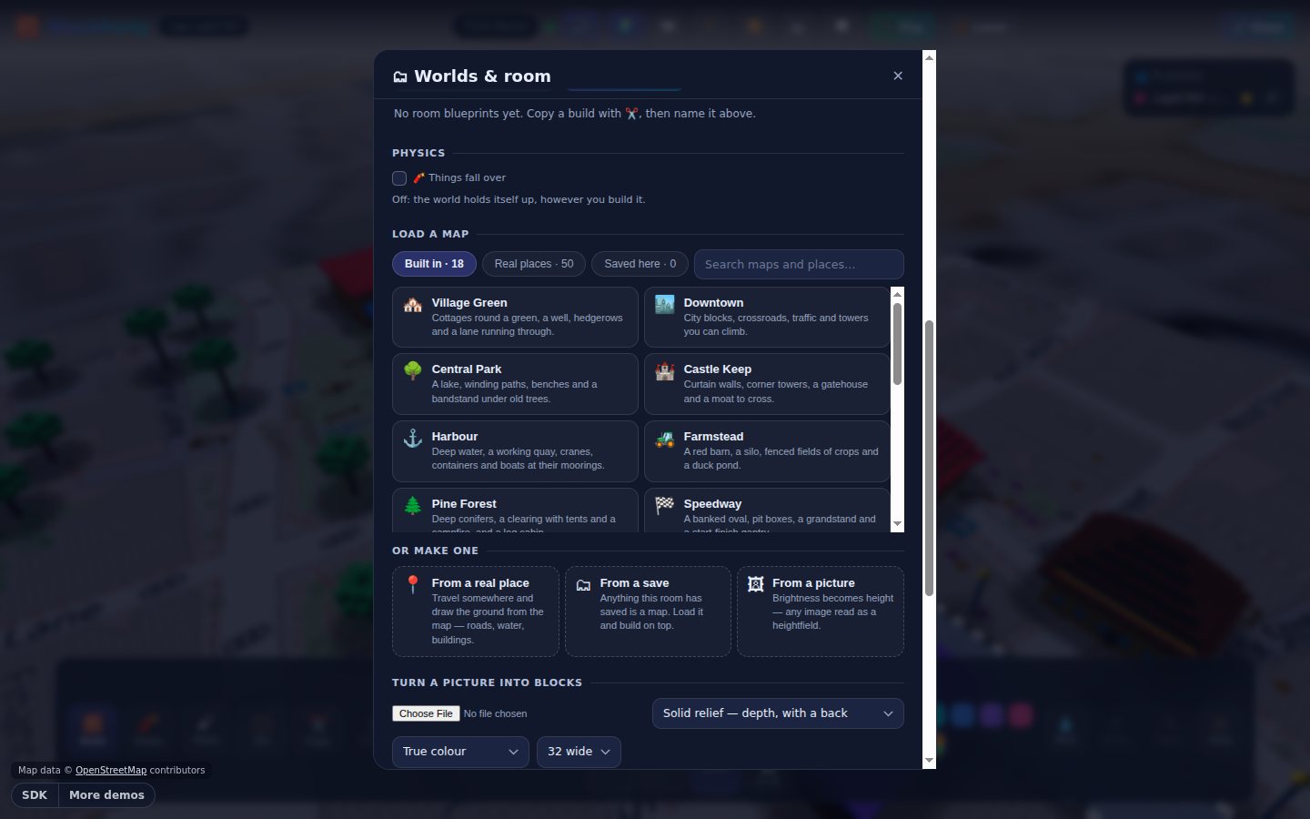 The map library: tabs for the built-in maps, fifty real places and the room's own saves, a search box, and cards for each map.
