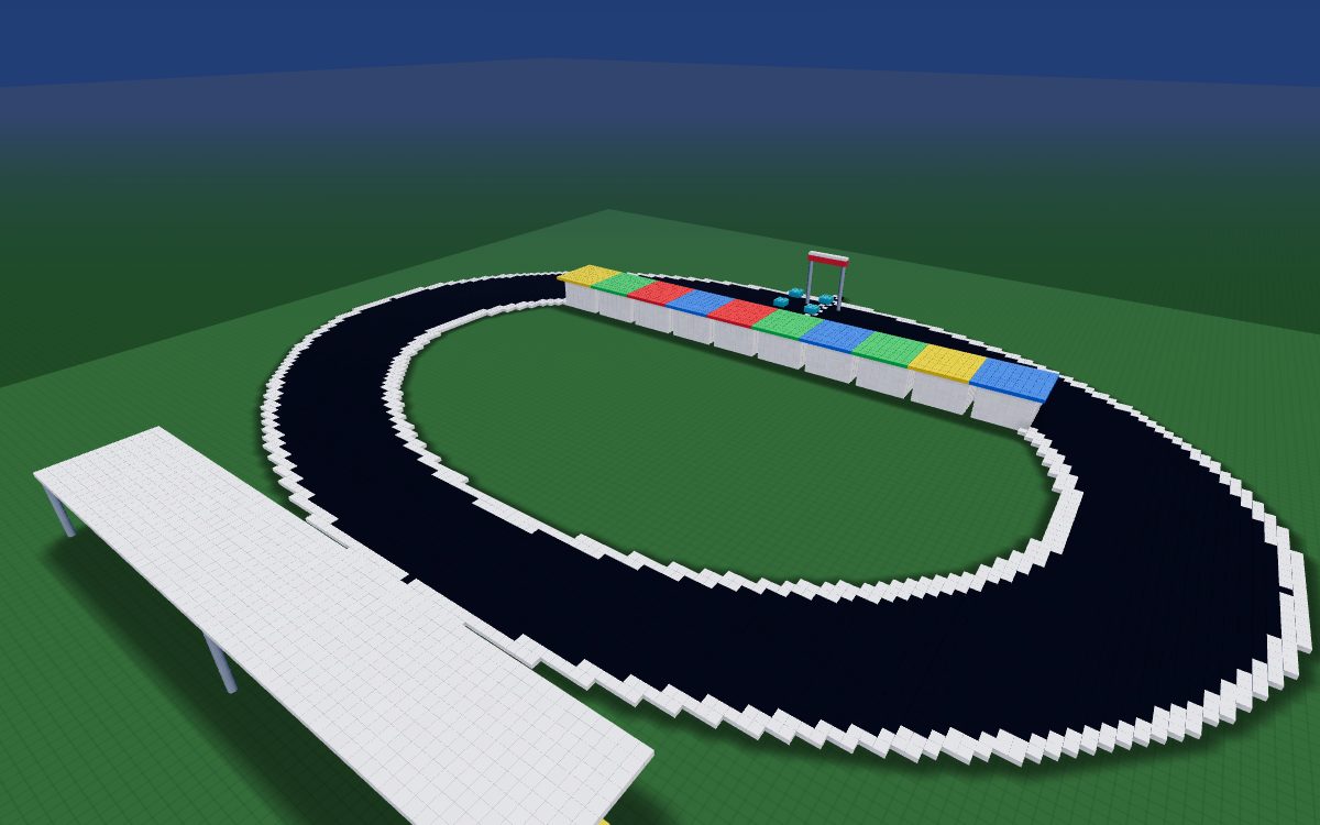 Speedway — A banked oval, pit boxes, a grandstand and a start-finish gantry