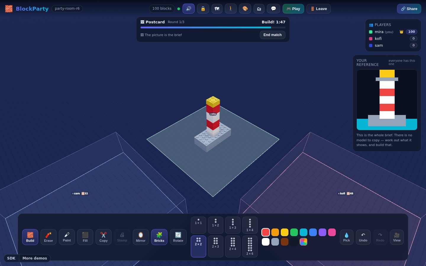 A Postcard round in progress with the three players it needs: the lighthouse reference pinned to the right, a half-built lighthouse on this player's plot, the other two plots covered with only their block counts showing, and the match clock across the top.