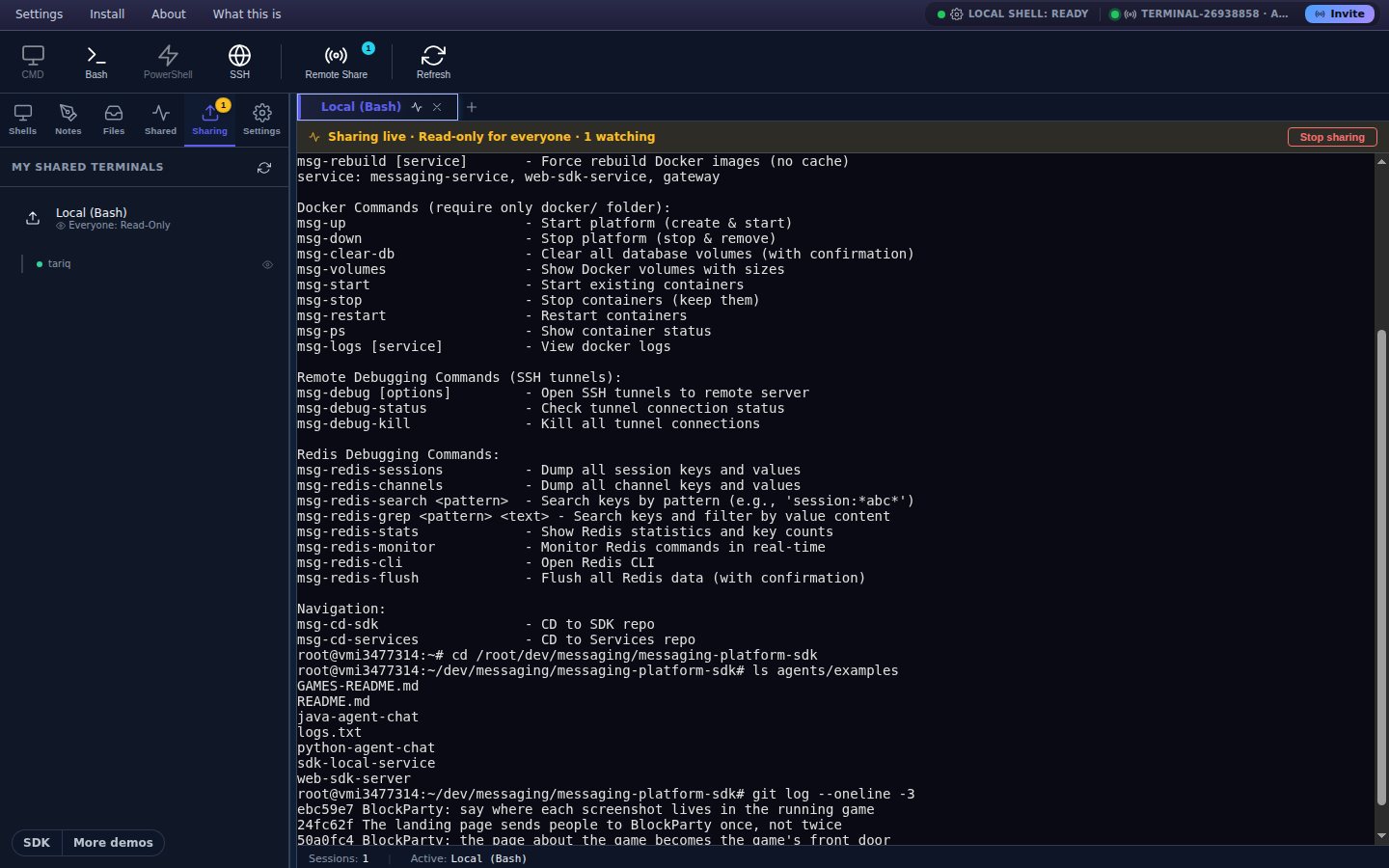 A shared terminal from the owner's side: a banner across the top reads 'Sharing live, read-only, one watching' with a Stop sharing button, and the Sharing sidebar lists the connected viewer.
